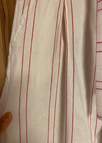 Kadın Bej Çizgili Kemerli Keten Pantolon - Görsel 7