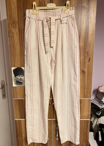 Kadın Bej Çizgili Kemerli Keten Pantolon - Görsel 3