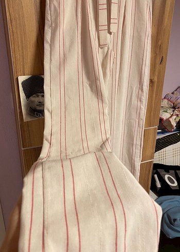 Kadın Bej Çizgili Kemerli Keten Pantolon - Görsel 8