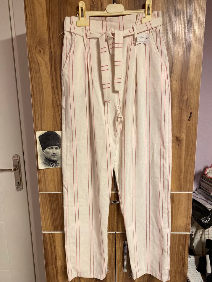 Kadın Bej Çizgili Kemerli Keten Pantolon - Görsel 4