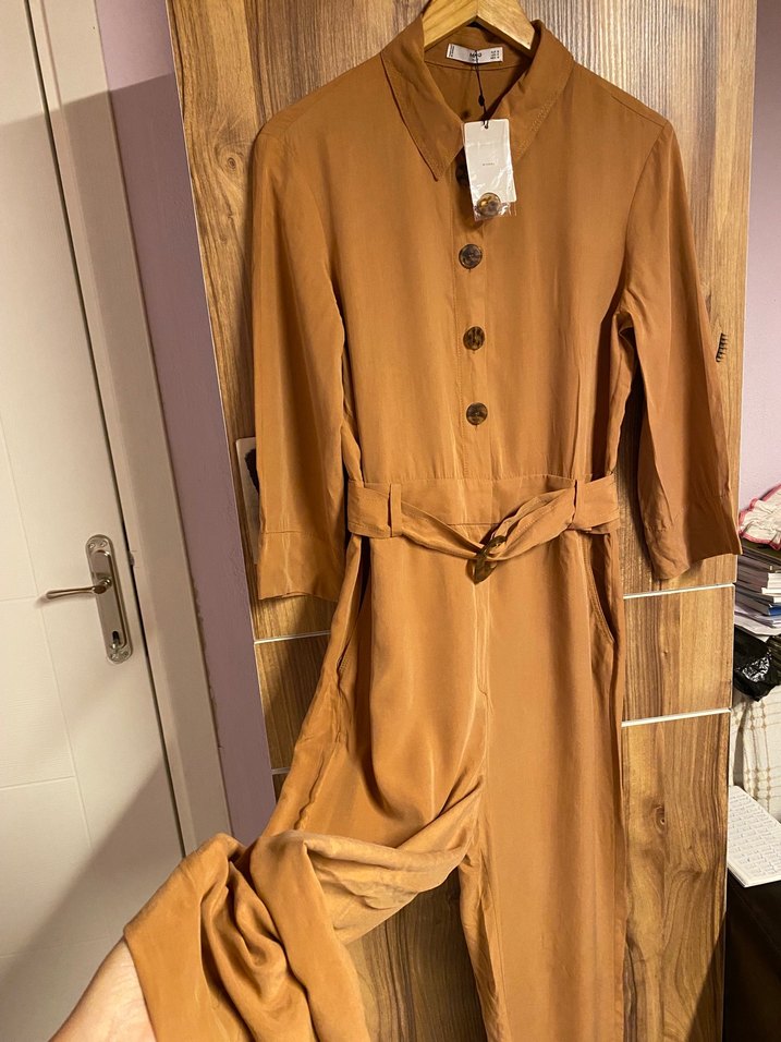 Düğmeli kahverengi Kadın Uzun tulum - Görsel 5