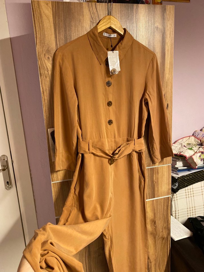 Düğmeli kahverengi Kadın Uzun tulum - Görsel 4