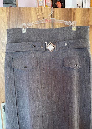 Kemer Detaylı Uzun Gri Keten Etek - Görsel 3