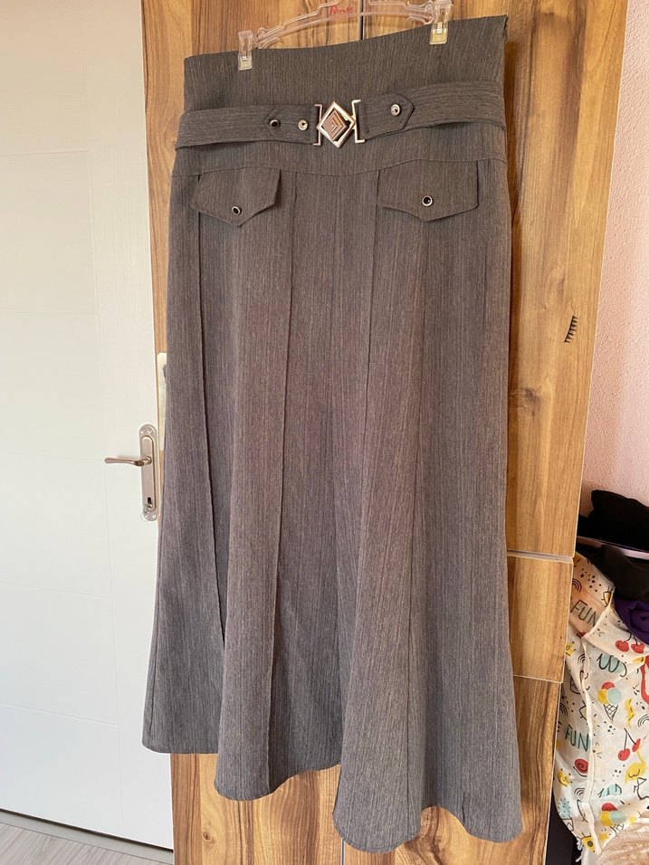 Kemer Detaylı Uzun Gri Keten Etek - Görsel 2