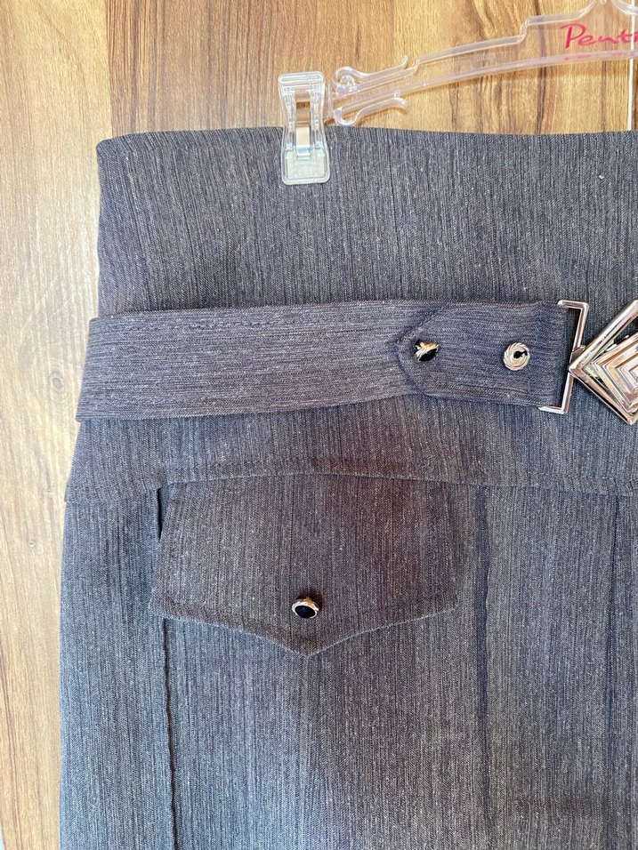 Kemer Detaylı Uzun Gri Keten Etek - Görsel 4