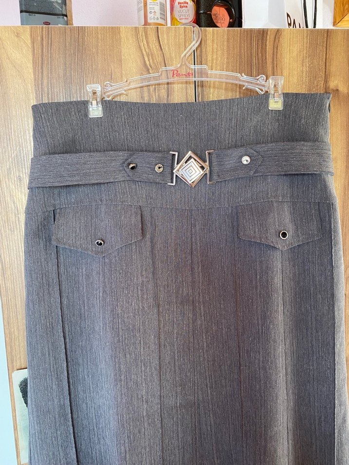 Kemer Detaylı Uzun Gri Keten Etek - Görsel 3