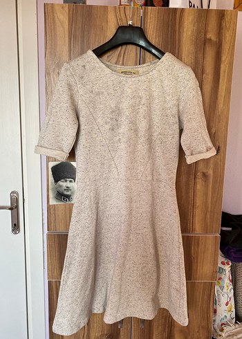 Bej Gri Örme Midi Keten Elbise - Görsel 2