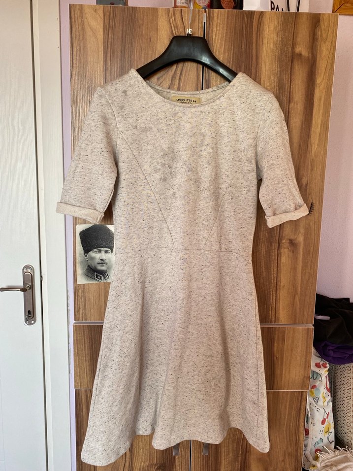Bej Gri Örme Midi Keten Elbise - Görsel 2