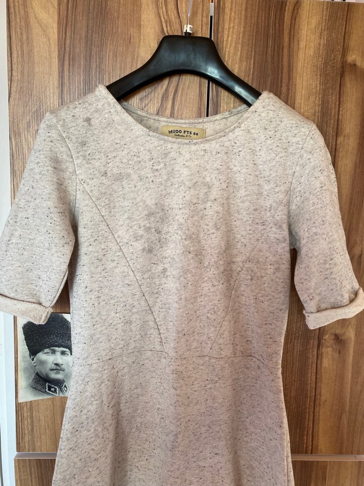 Bej Gri Örme Midi Keten Elbise - Görsel 5