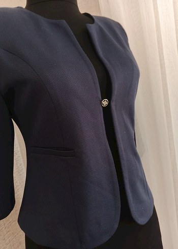 Düğmeli Kısa Lacivert Kadın Blazer Ceket - Görsel 3