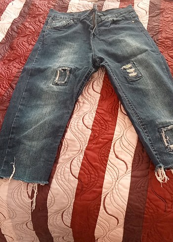 Diğer Rahat Kesim Mavi Yikamali Denim Jean Kapri