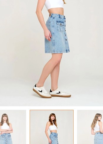 Düğmeli açık mavi kot Midi Etek - Görsel 8