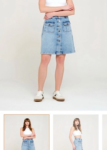 Düğmeli açık mavi kot Midi Etek - Görsel 7