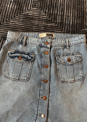 Düğmeli açık mavi kot Midi Etek - Görsel 2