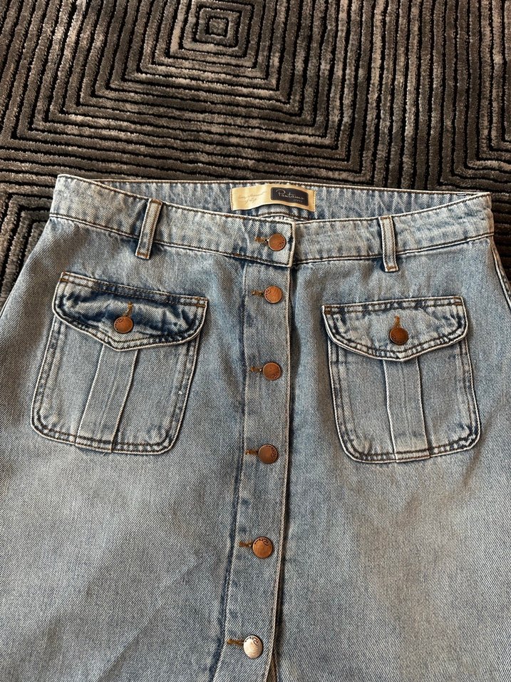 Düğmeli açık mavi kot Midi Etek - Görsel 2