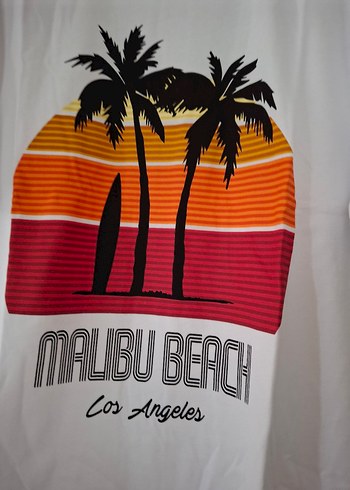 m Beden Beyaz Pamuklu Malibu Beach Baskılı Tişört