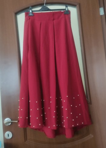 Bordo Pilili Uzun Kadın Etek - Görsel 2