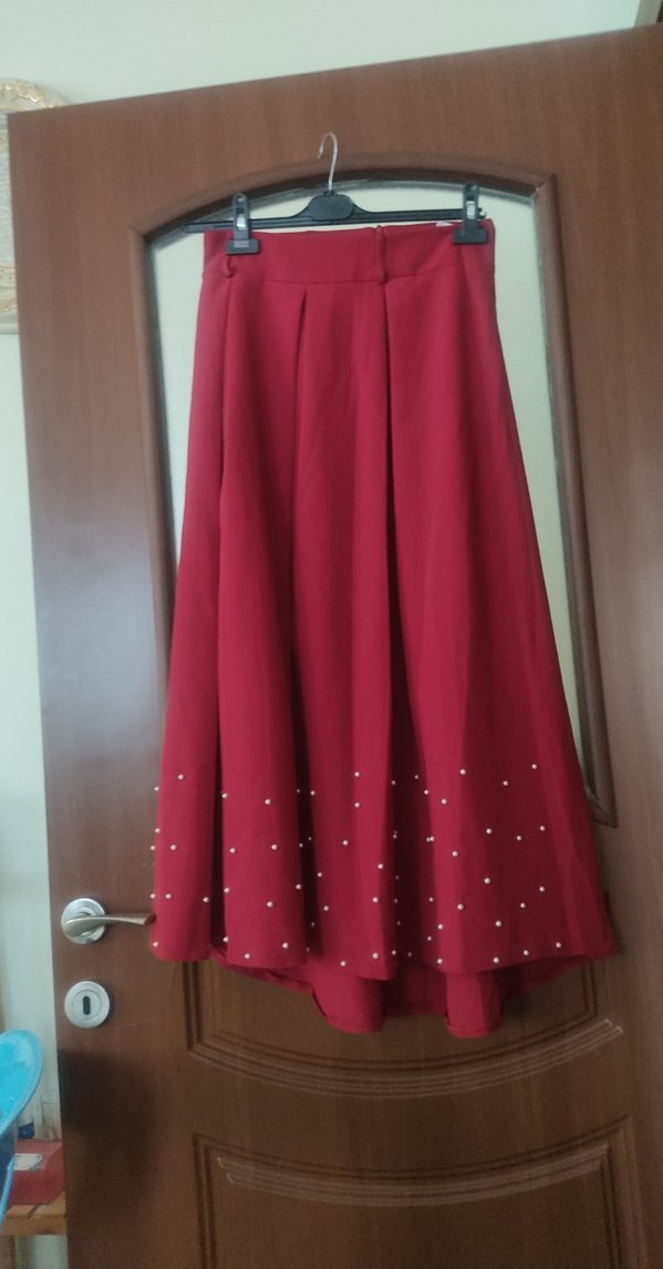 Bordo Pilili Uzun Kadın Etek - Görsel 3