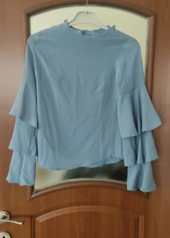 Mavi Renkli Uzun Kollu Fırfırlı Bluz - Görsel 2