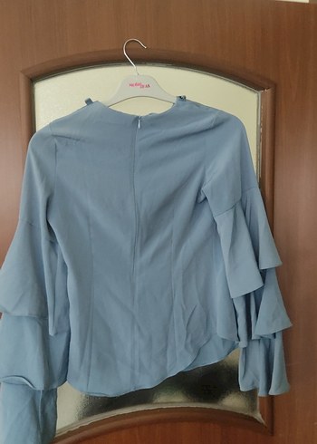 Mavi Renkli Uzun Kollu Fırfırlı Bluz - Görsel 7