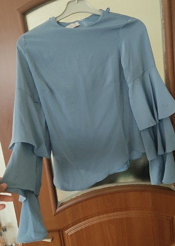 Mavi Renkli Uzun Kollu Fırfırlı Bluz - Görsel 5