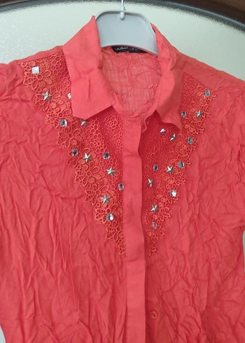 Nakışlı Kırmızı Uzun Kollu Keten Gömlek - Görsel 4