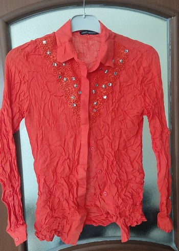 Nakışlı Kırmızı Uzun Kollu Keten Gömlek - Görsel 6