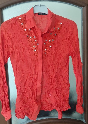 Nakışlı Kırmızı Uzun Kollu Keten Gömlek - Görsel 7