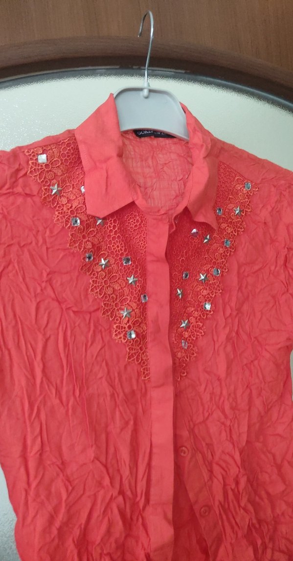 Nakışlı Kırmızı Uzun Kollu Keten Gömlek - Görsel 4