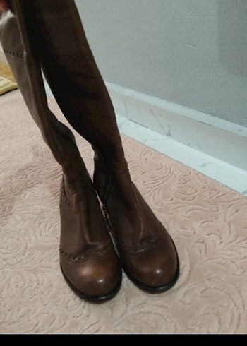 vintage Kahverengi Deri Tokalı Dizüstü Kadın Çizme - Görsel 4