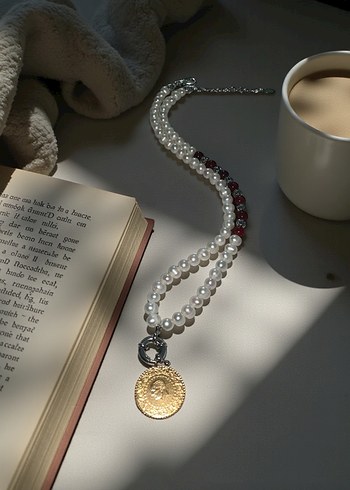 İnci ve mokait jasper Vintage Çiçekli Kolye - Görsel 3