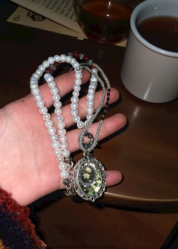 İnci ve mokait jasper Vintage Çiçekli Kolye - Görsel 4