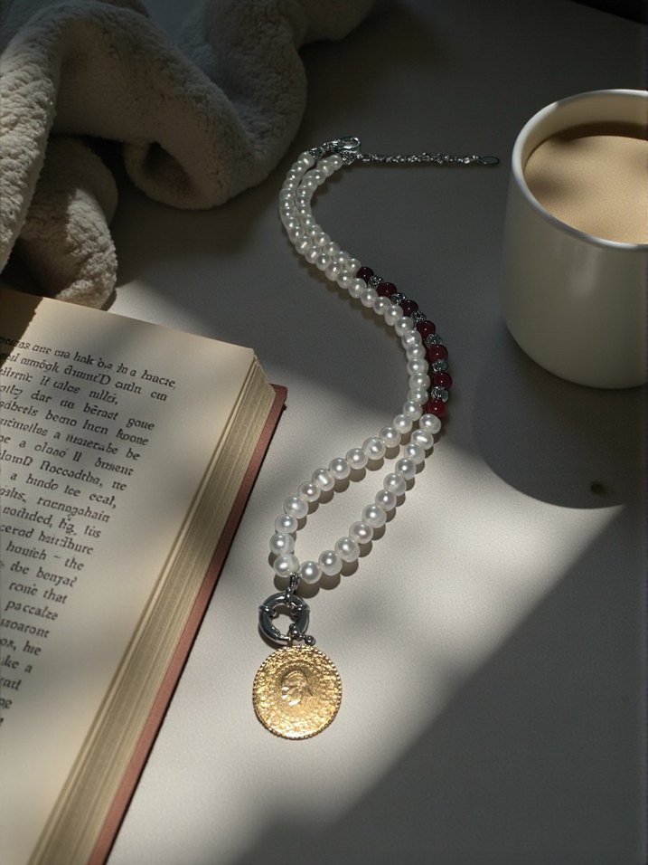 İnci ve mokait jasper Vintage Çiçekli Kolye - Görsel 3