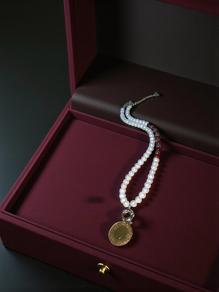 İnci ve mokait jasper Vintage Çiçekli Kolye - Görsel 2