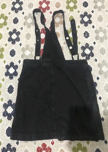 Düğmeli Siyah Denim Mini Salopet - Görsel 2