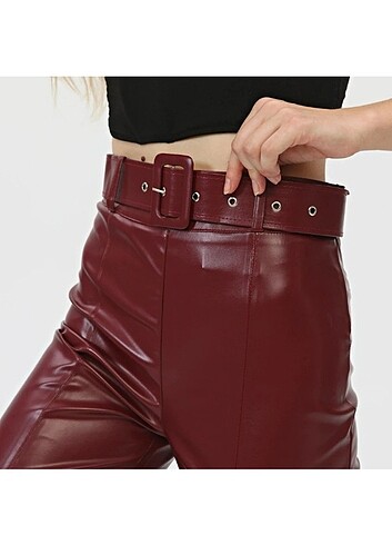 40 Beden bordo Renk Yırtmaçlı deri Pantalon 