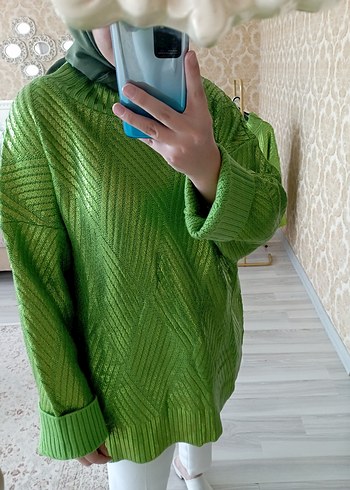 Yeşil Triko Boğazlı Salaş Kadın Kazak - Görsel 7