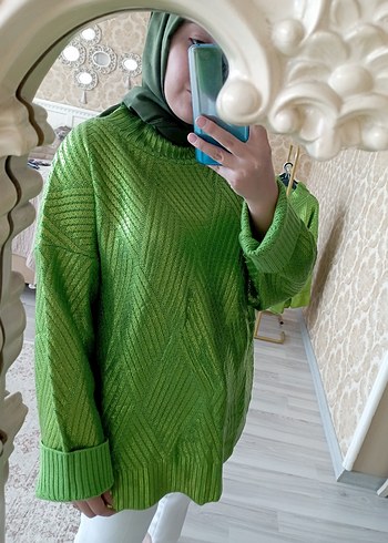 Yeşil Triko Boğazlı Salaş Kadın Kazak - Görsel 6