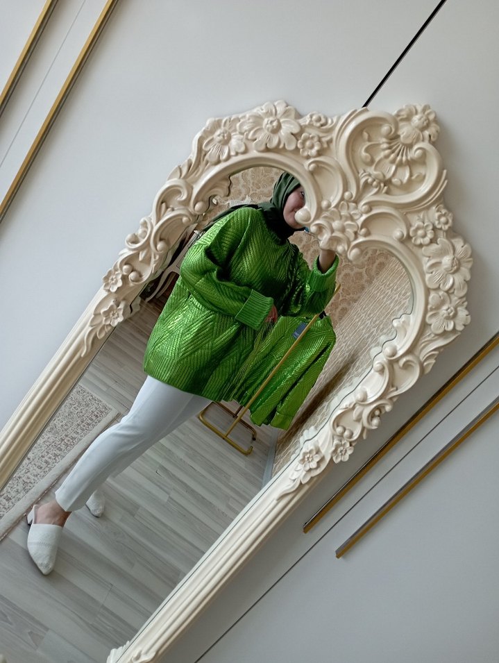 Yeşil Triko Boğazlı Salaş Kadın Kazak - Görsel 4