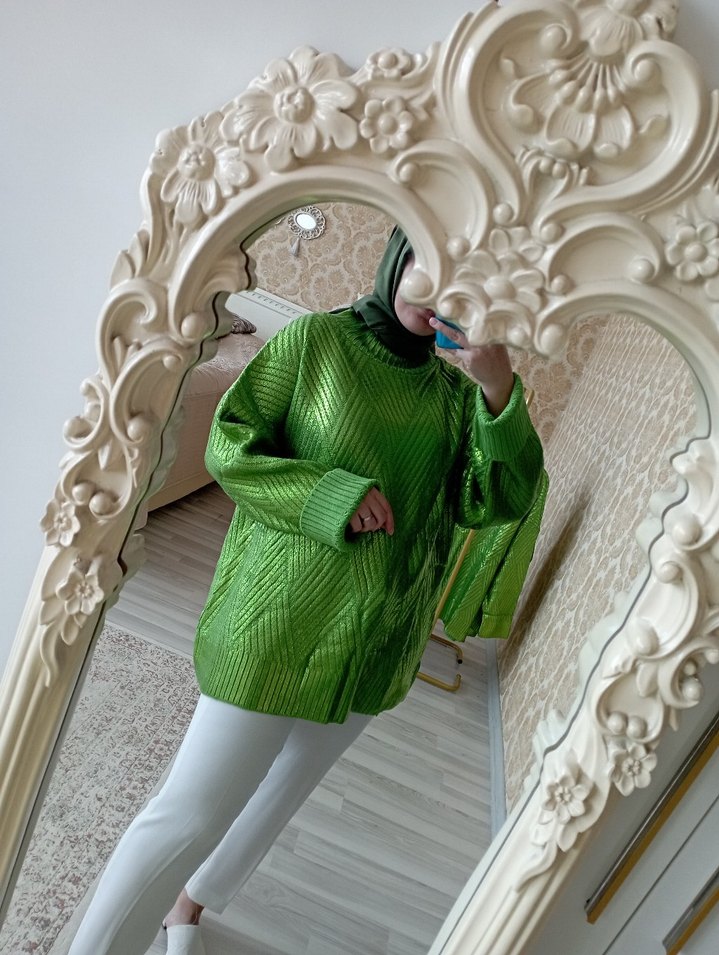 Yeşil Triko Boğazlı Salaş Kadın Kazak - Görsel 3