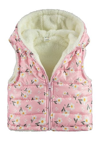Kız Çocuk Kapüşonlu Pembe Çiçekli Yelek - Görsel 3