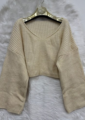 V Yaka Beyaz Örgü Salaş Kazak - Görsel 6