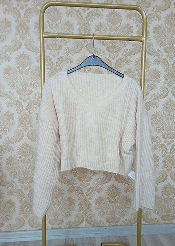 V Yaka Beyaz Örgü Salaş Kazak - Görsel 11