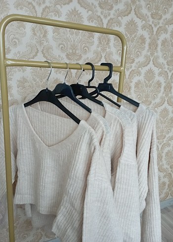 V Yaka Beyaz Örgü Salaş Kazak - Görsel 13