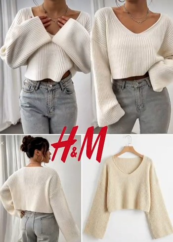 V Yaka Beyaz Örgü Salaş Kazak - Görsel 5