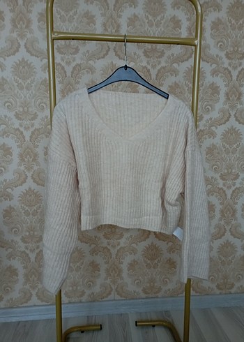 V Yaka Beyaz Örgü Salaş Kazak - Görsel 10