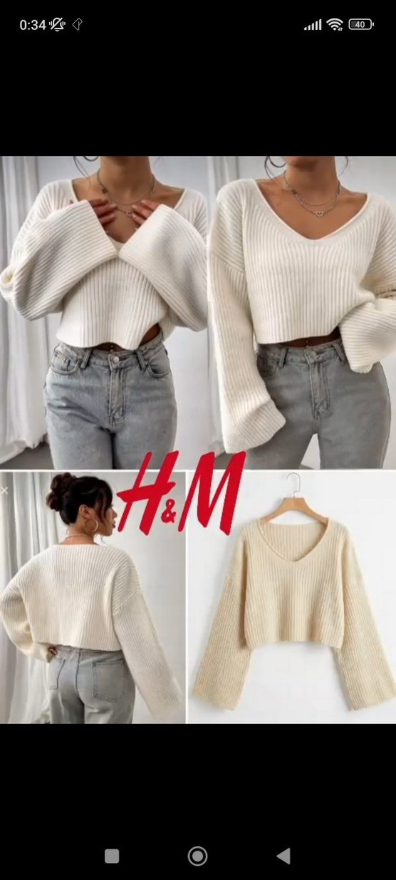 V Yaka Beyaz Örgü Salaş Kazak - Görsel 5