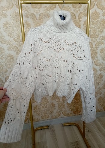 Bohem Stil Beyaz Örgü Boğazlı Kazak - Görsel 5