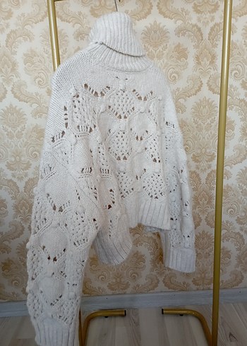 Bohem Stil Beyaz Örgü Boğazlı Kazak - Görsel 4