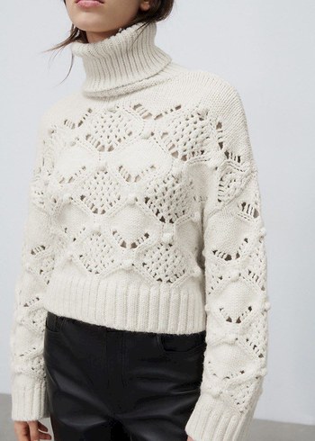 Bohem Stil Beyaz Örgü Boğazlı Kazak - Görsel 7